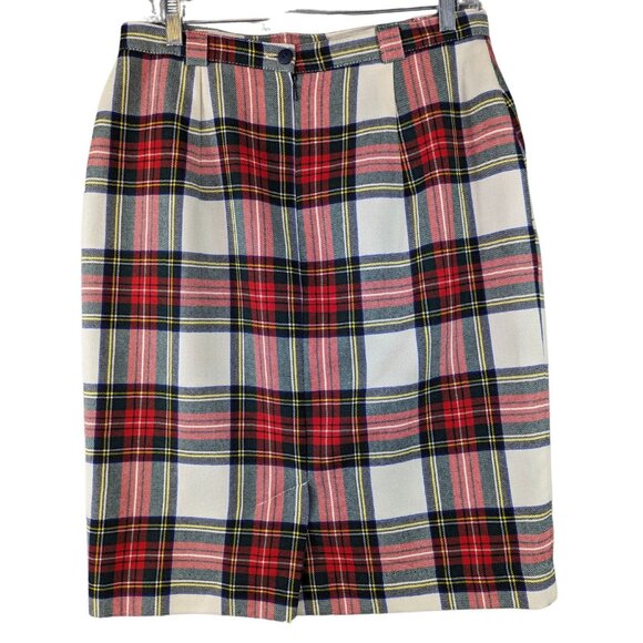 Scottish Red Blue Yellow‎ Plaid Wool Skirt Lined Size 40 Flat Front Midi Pockets - Picture 1 of 14